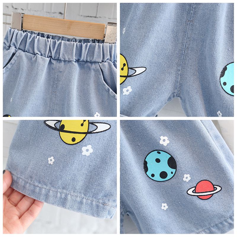 Set Đồ 2 Món Gồm Áo Sơ Mi Cotton Tay Cộc + Quần Ngắn Denim In Hình Phi Hành Gia Dễ Thương Cho Bé Trai