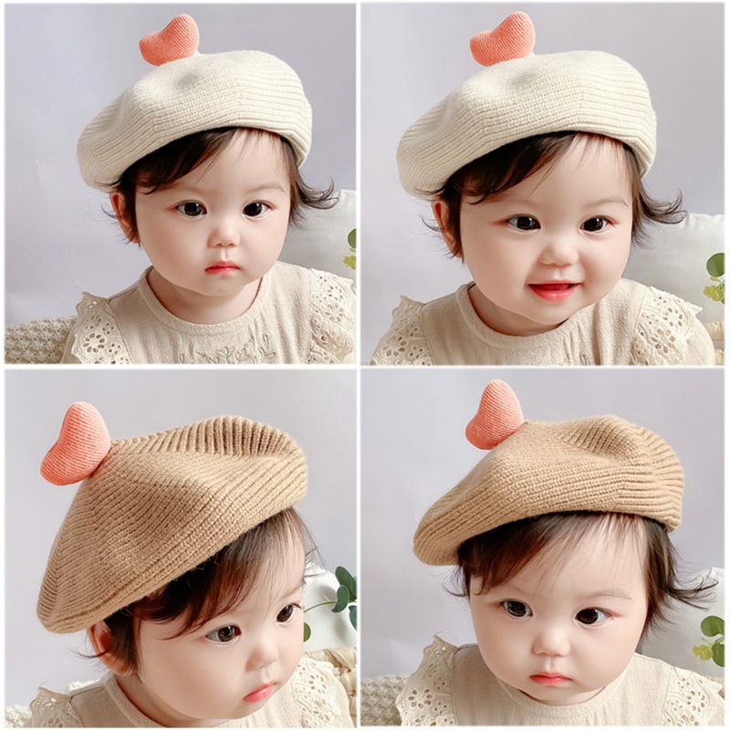 （hết hàng）Mũ Nồi Len Màu Trơn Đính Trái Tim Xinh Xắn Cho Bé