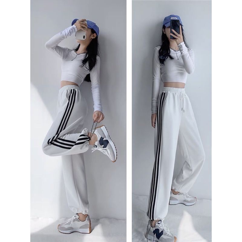 Quần Jogger Rút Ống Viền 3 Sọc Unisex 2 Màu Đen Trắng