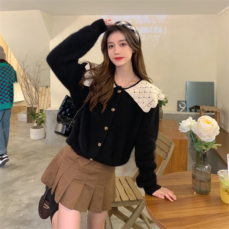 ORDER 7-10 NGÀY  Áo len cổ áo búp bê dài tay cardigan của phụ nữ đơn giản