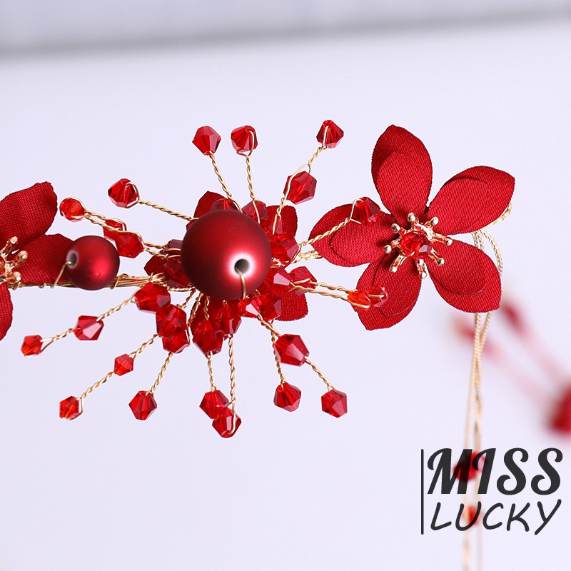 Set cài tóc + khuyên tai đính hoa và ngọc trai giả màu đỏ thanh lịch cho cô dâu