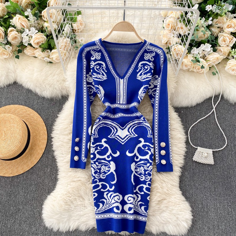 Đầm len body họa tiết váy len ôm dánh thanh lịch cổ V