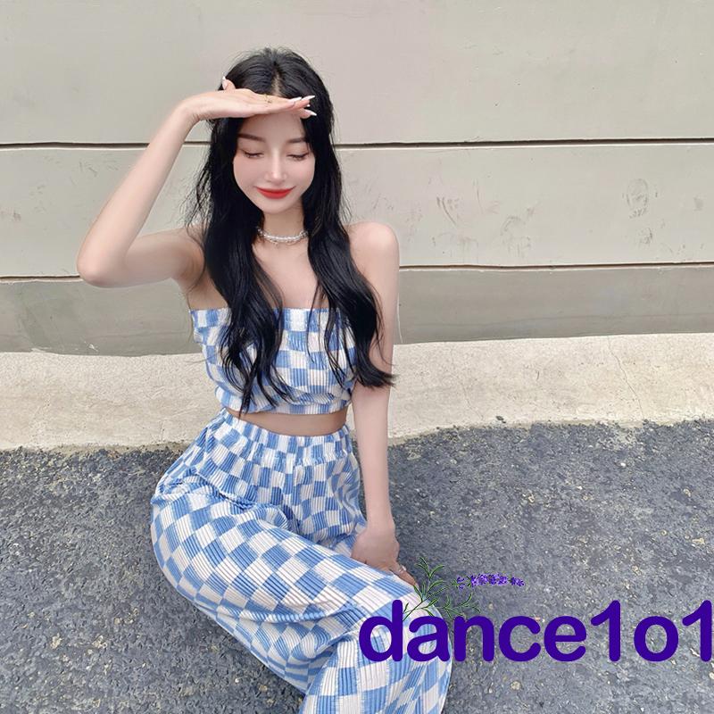 ♀Nc✭Set Áo Ống Họa Tiết Sọc Caro + Quần Dài Lưng Cao Ống Rộng Năng Động Thời Trang Dành Cho Nữ