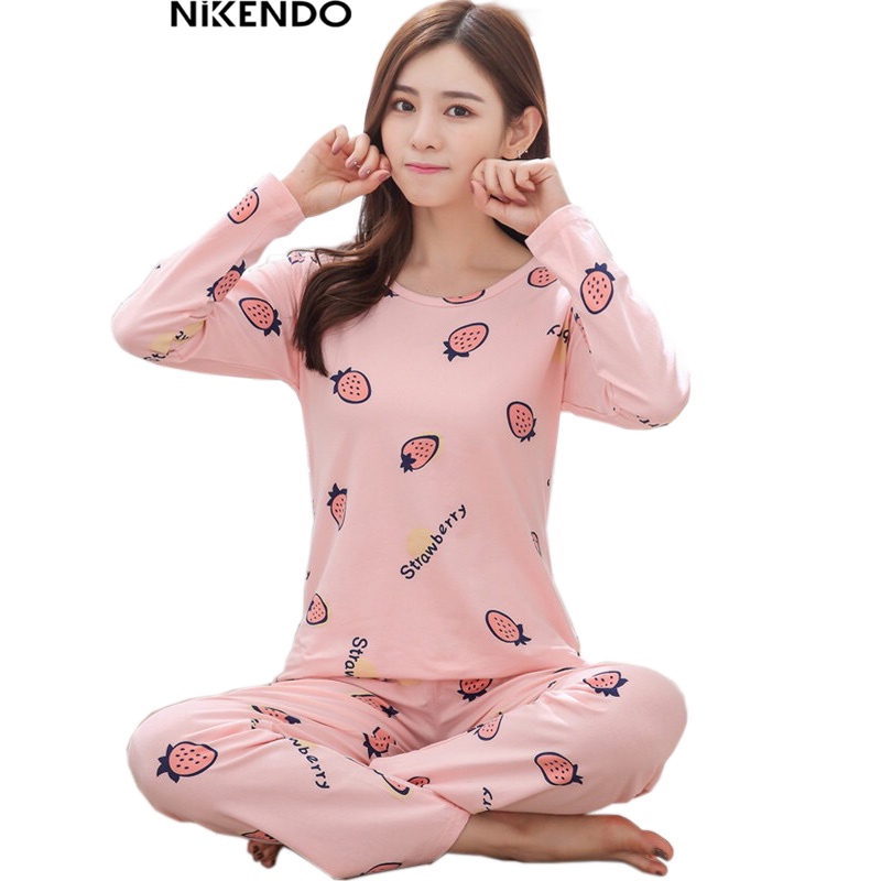 đồ bộ nữ Dài tay mặc nhà form rộng , Bộ Pyjama Nữ Tay Dài Áo Thun + Quần Dài Nikendo CO6