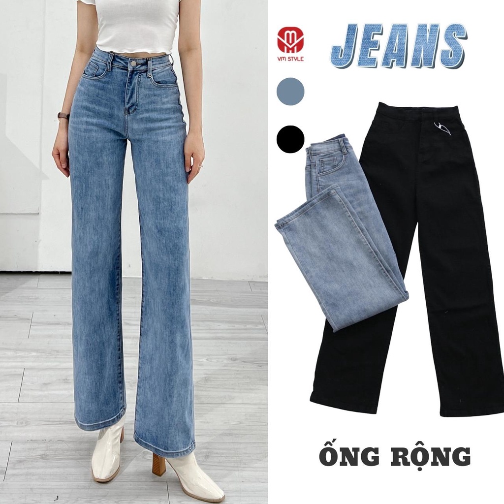 Quần jean ống rộng VMSTYLE, quần bò suông đi học nữ lưng cao trơn lai thường thời trang Hàn Quốc 127 QJR00008