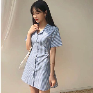 Đầm xanh kẻ sọc cổ sơ mi Hàn quốc