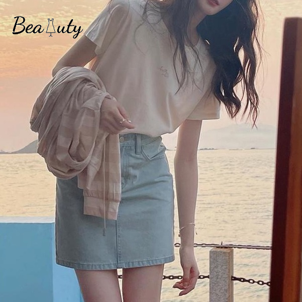 Chân váy jean ngắn MURIOKI thêu hoa phong cách Hàn Quốc cho nữ