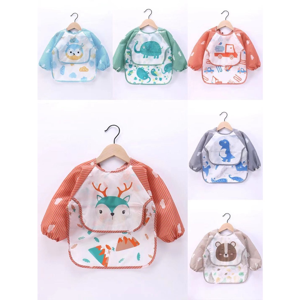 Áo ăn dặm cho bé HNFamily - Áo yếm ăn dặm Blw dài tay có máng cho bé tập ăn sạch sẽ, vải Polyester chống thấm dễ vệ sinh