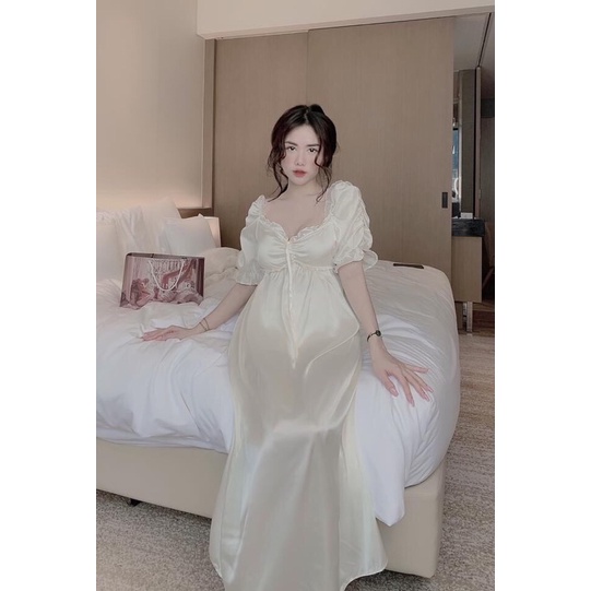 Váy ngủ tiểu thư tay bồng cổ vuông trơn lụa satin cao cấp quảng châu