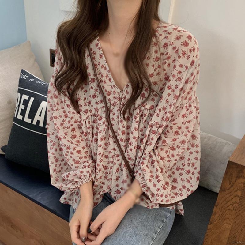 Áo Sơ Mi Chiffon Tay Dài Cổ Chữ V Dáng Rộng In Họa Tiết Hoa Đơn Giản Ngọt Ngào Kiểu Hàn Quốc