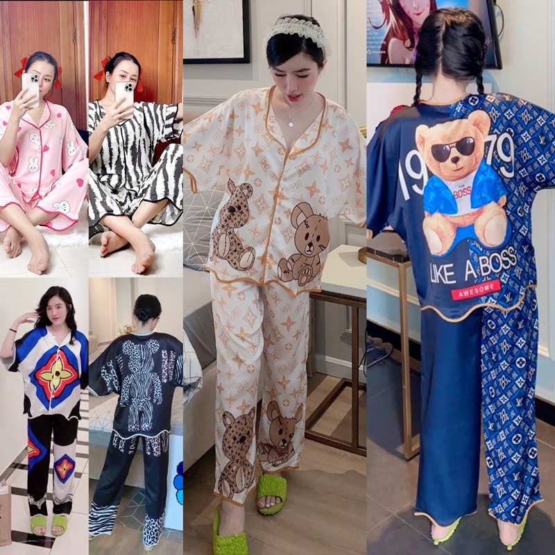 Đồ bộ pijama lượn sóng cao cấp cho nữ - Lụa Satin hàng thiết kế tay ngắn quần dài dưới 65kg sang trọng - bầu bí sau sinh