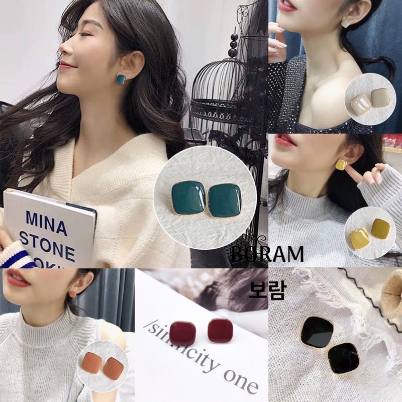 Khuyên tai, bông tai hình vuông trơn nhiều màu sang chảnh -BORAM