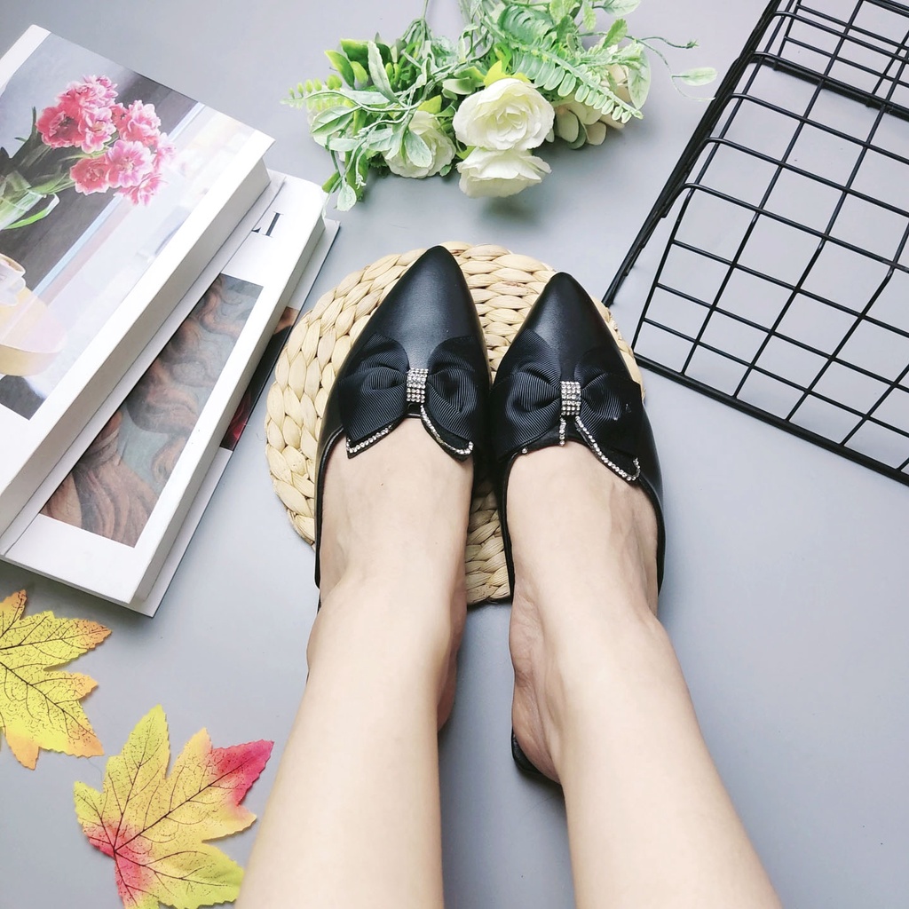 Giày búp bê nữ mũi nhọn phối nơ chất da mềm cao cấp