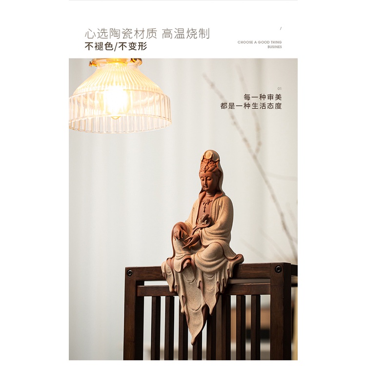 Tượng Quan Âm Bồ Tát cầm gậy Như ý ngồi thiền tịnh gốm tử sa cao cấp- Tượng phật trang trí decor không gian thiền tịnh