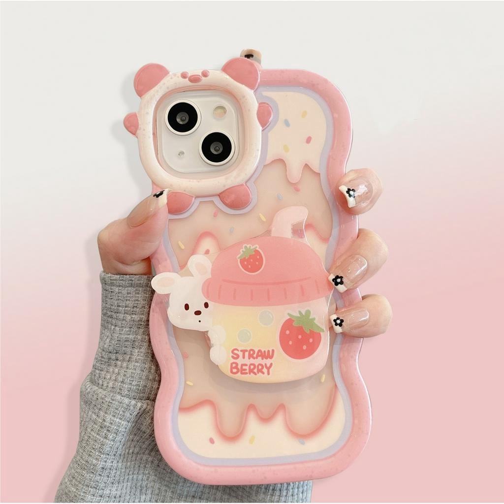 Ốp Lưng Chống Sốc Tai Gấu Viền Lượn Sóng Strawberry (kèm popsocket)
