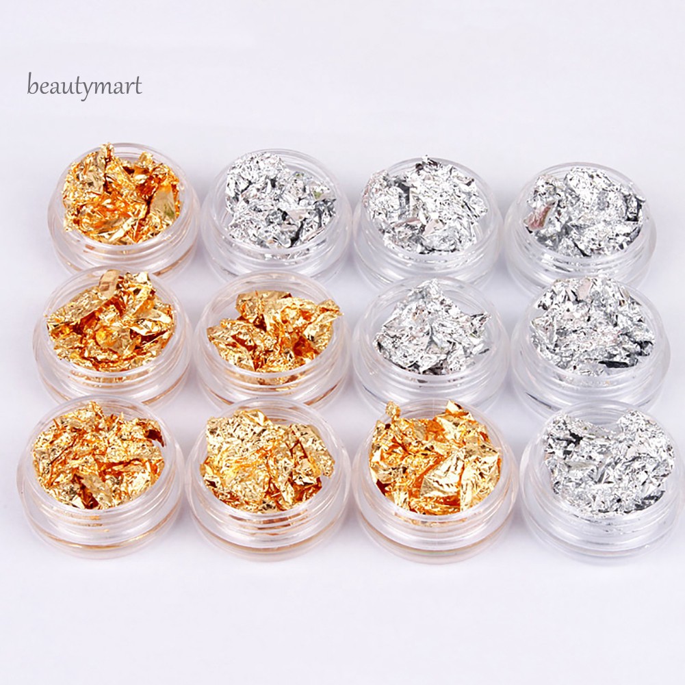 [Hàng mới về] Bộ 12 tấm giấy sticker bạc/vàng chuyên dụng tự trang trí móng gel UV nghệ thuật