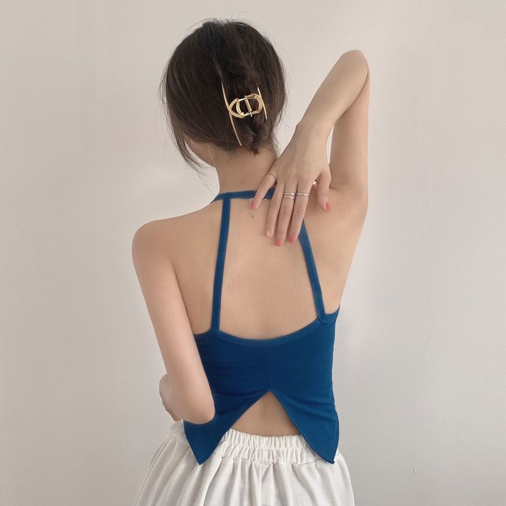 Ahoyeap Áo hai dây ngắn có đệm ngực thiết kế lưng đẹp quyến rũ thời trang mùa hè cho nữ