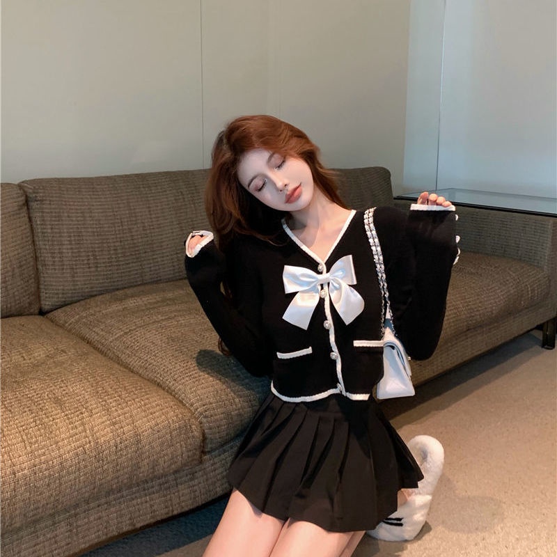 Áo cardigan dệt kim tay dài đính nơ thiết kế mới thời trang mùa thu 2021