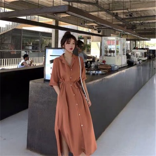 Váy dáng dài cổ vét thanh lịch dây buộc eo