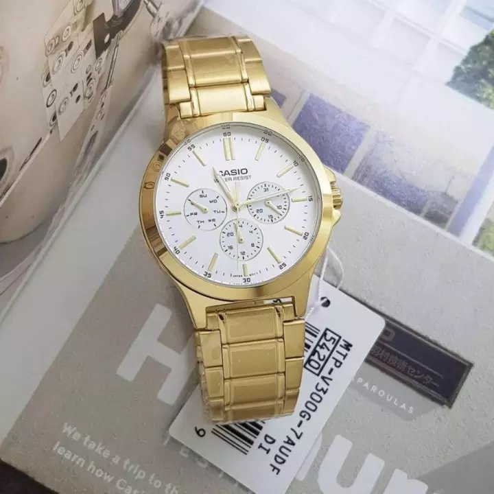 Đồng hồ Đôi Nam nữ Casio V300G, đồng hồ chính hãng, dây thép màu vàng mặt 6 kim