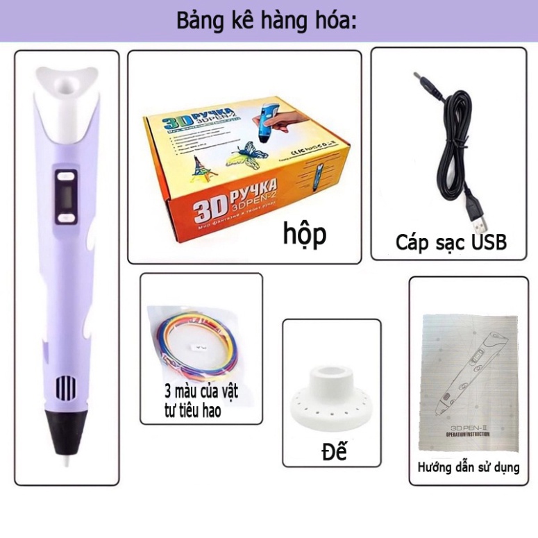 Bộ Bút Vẽ 3D Sáng Tạo, Tặng 3 Dây Mực 3 - Dây Mầu In Nhiệt Thông Minh Với Sợi PLA 1.75mm - Màn Hình Led Hiển Thị