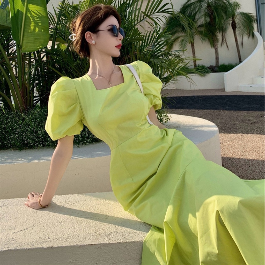 Váy nữ Vic's cổ vuông đuôi cá thiết kế tay phồng dáng dài, Đầm thời trang công sở cao cấp dự tiệc sang trọng V105 | BigBuy360 - bigbuy360.vn