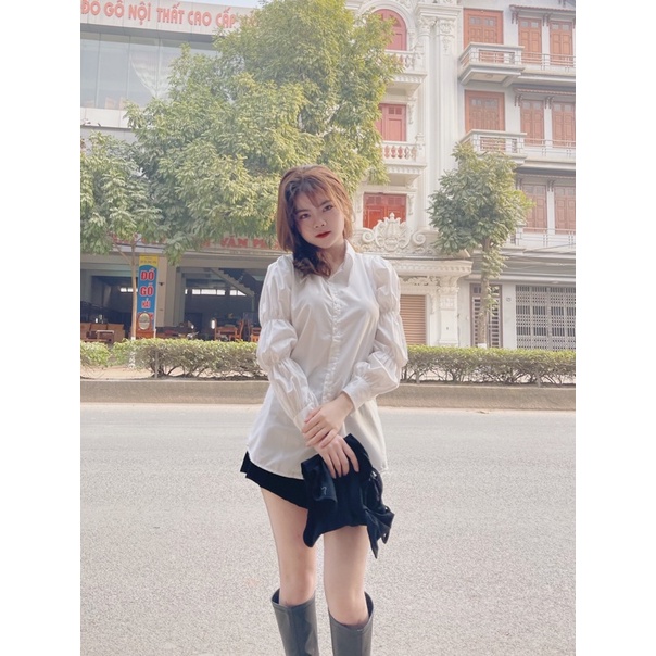 ÁO SƠ MI TAY BỒNG KÈM ÁO YẾM NƠ