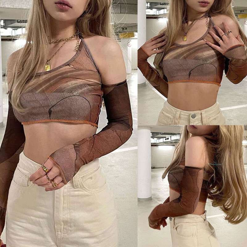 Brroa Áo Croptop Ôm Dáng Không Tay Hở Lưng In Họa Tiết Trừu Tượng Harajuku Gợi Cảm Cho Nữ