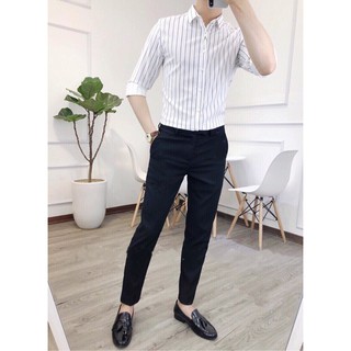 Áo Sơ mi Nam trắng sọc đen Basic Stripes cao cấp dáng ôm tay dài