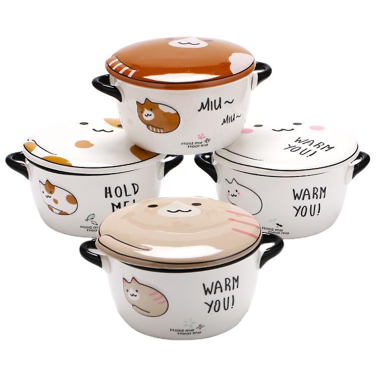 Bộ tô sứ Mèo Warm You kèm dĩa muỗng màu trắng cao cấp