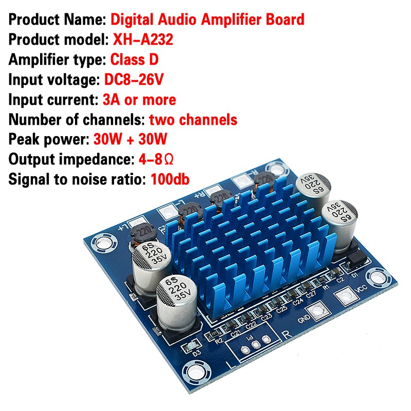 XH-A232 DC 8-26V 3A 30W + 30W 2.0 Kênh TPA3110 Bảng mạch khuếch đại công suất âm thanh nổi kỹ thuật số