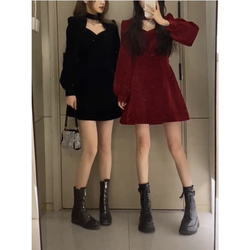 Váy nhung đính kim tuyến thanh lịch dự tiệc hoặc đi chơi tết hoặc noel