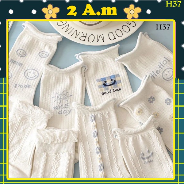 Tất Vớ Cổ Cao Nữ Tone Trắng Hoạt Tiết Đơn Giản Đẹp Unisex Hàn Quốc