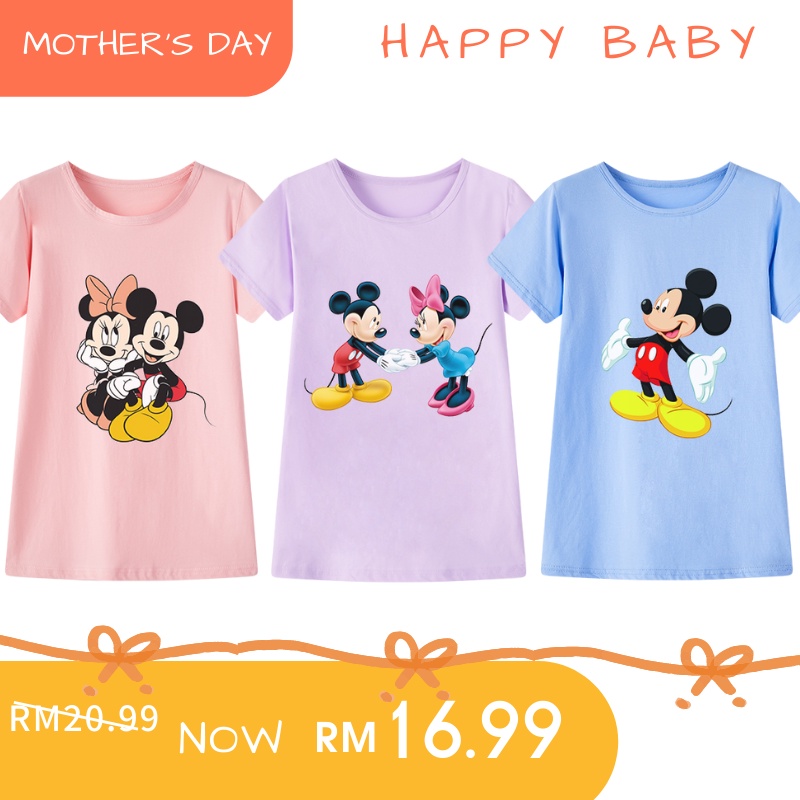 Đầm thun in hình chuột Mickey và Minne cao cấp mềm mại dành cho bé gái 2-8 tuổi