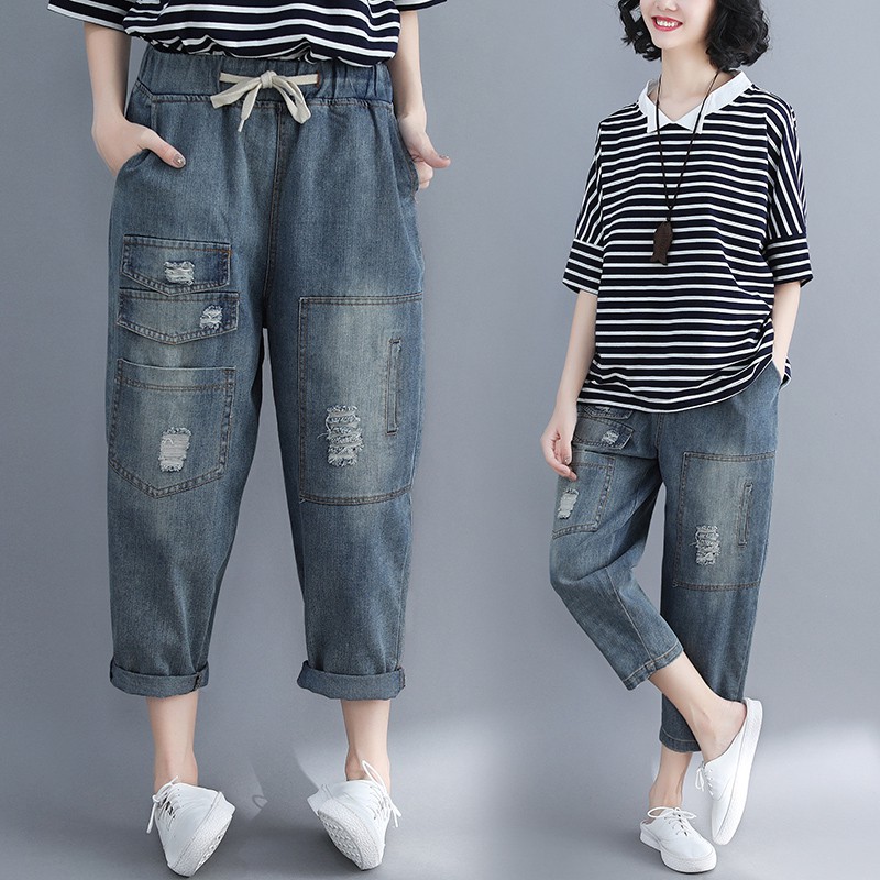 (Q003) Quần jean nữ bigsize phối rách cá tính (fit 70kg)
