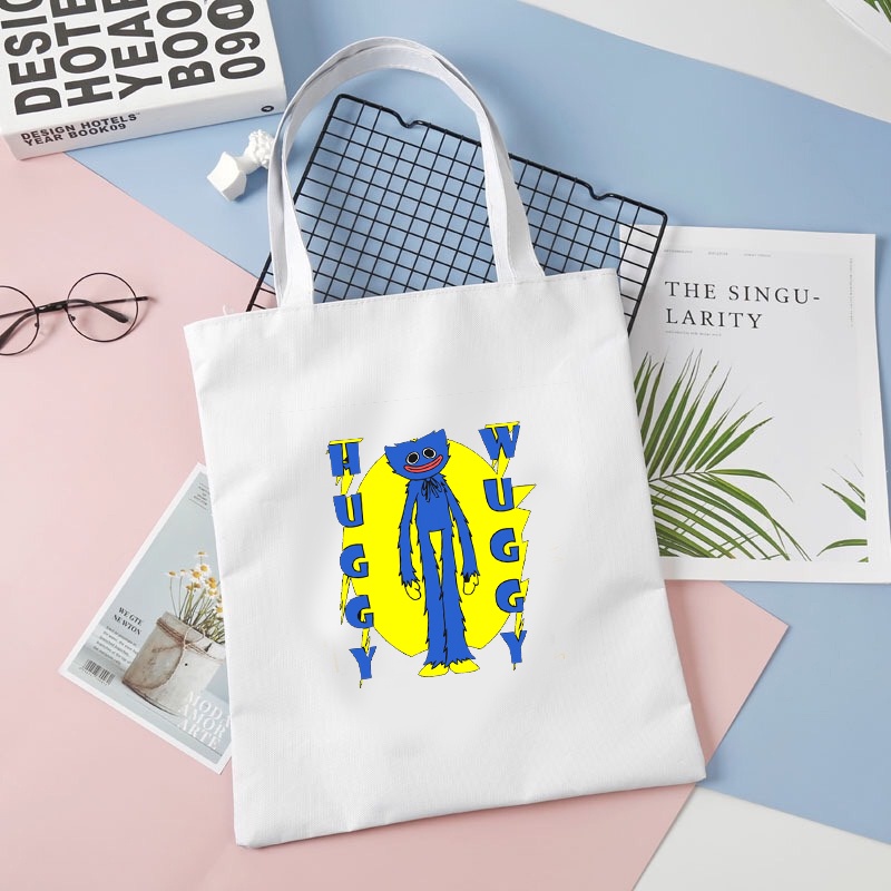 Túi tote vải trắng đeo vai in hình game POPPY PLAYTIME phong cách anime chibi tiện lợi thời trang