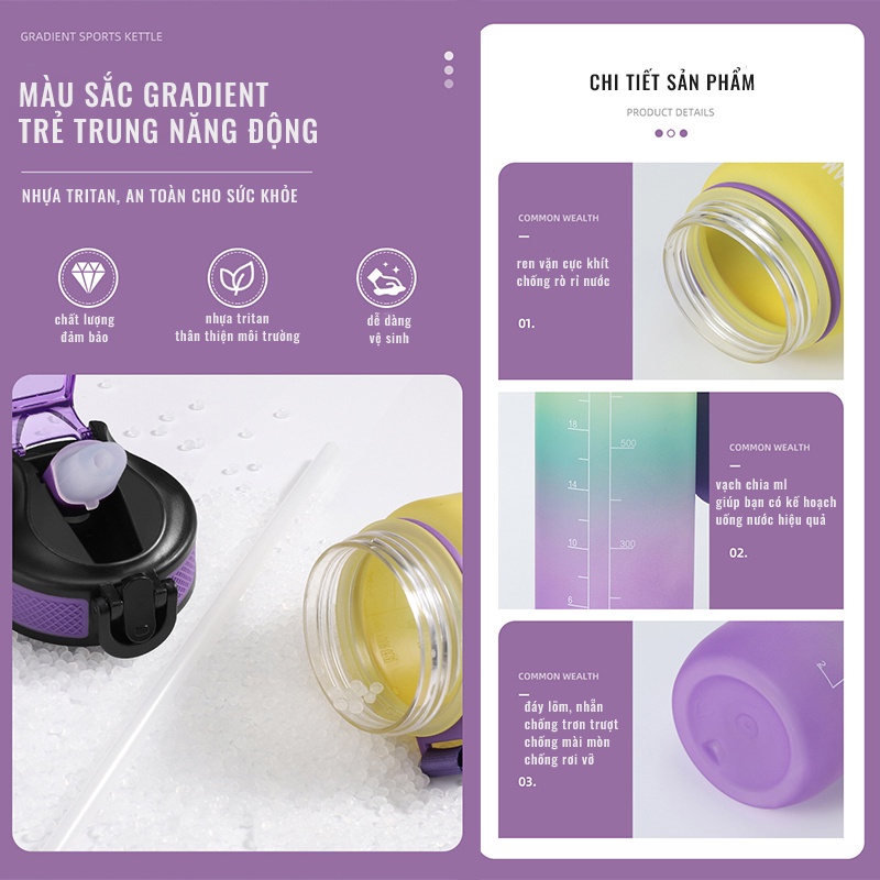 Bình Nước 1 Lít Thể Thao Màu Gradient Có Vạch Báo Giờ Uống Nước EVEMOM STORE BN006
