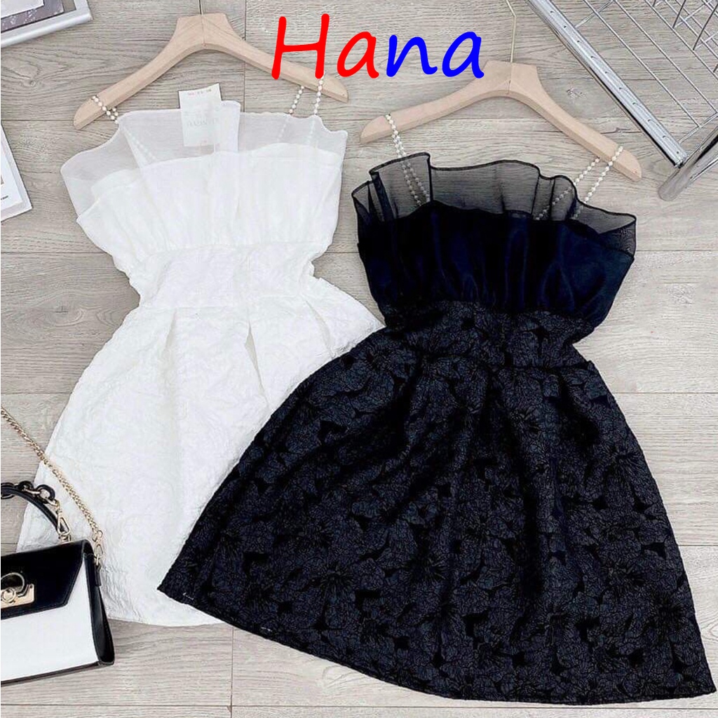 Váy thiết kế, đầm xốp hoa phối bèo hai dây ngọc hàng freesize 40-55kg 1 lớp-Hana16