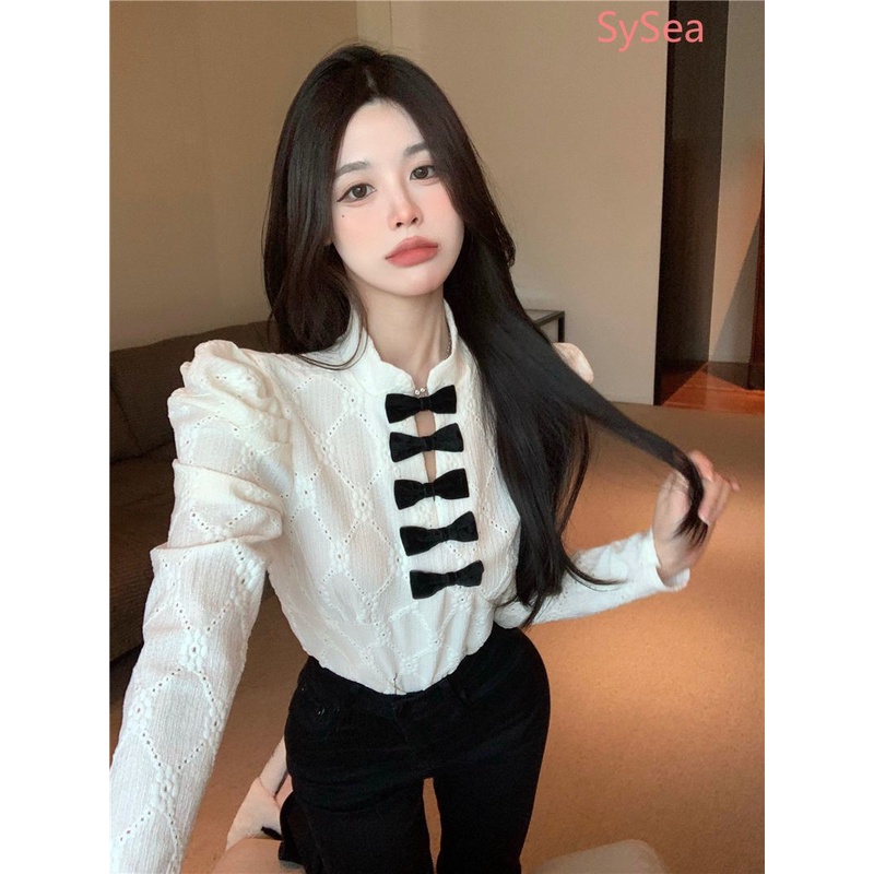 Áo sơ mi dài tay phối ren nơ thời trang mùa xuân cho nữ