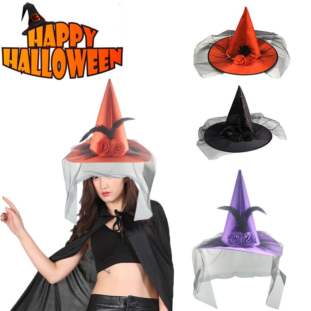 Mũ Phù Thủy Đính Hoa Hồng Và Lông Vũ Hóa Trang Halloween Cho Nữ