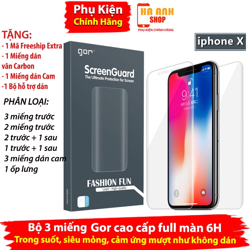 Miếng dán iPhone X Full màn hãng Gor cao cấp(Bộ 3 miếng)