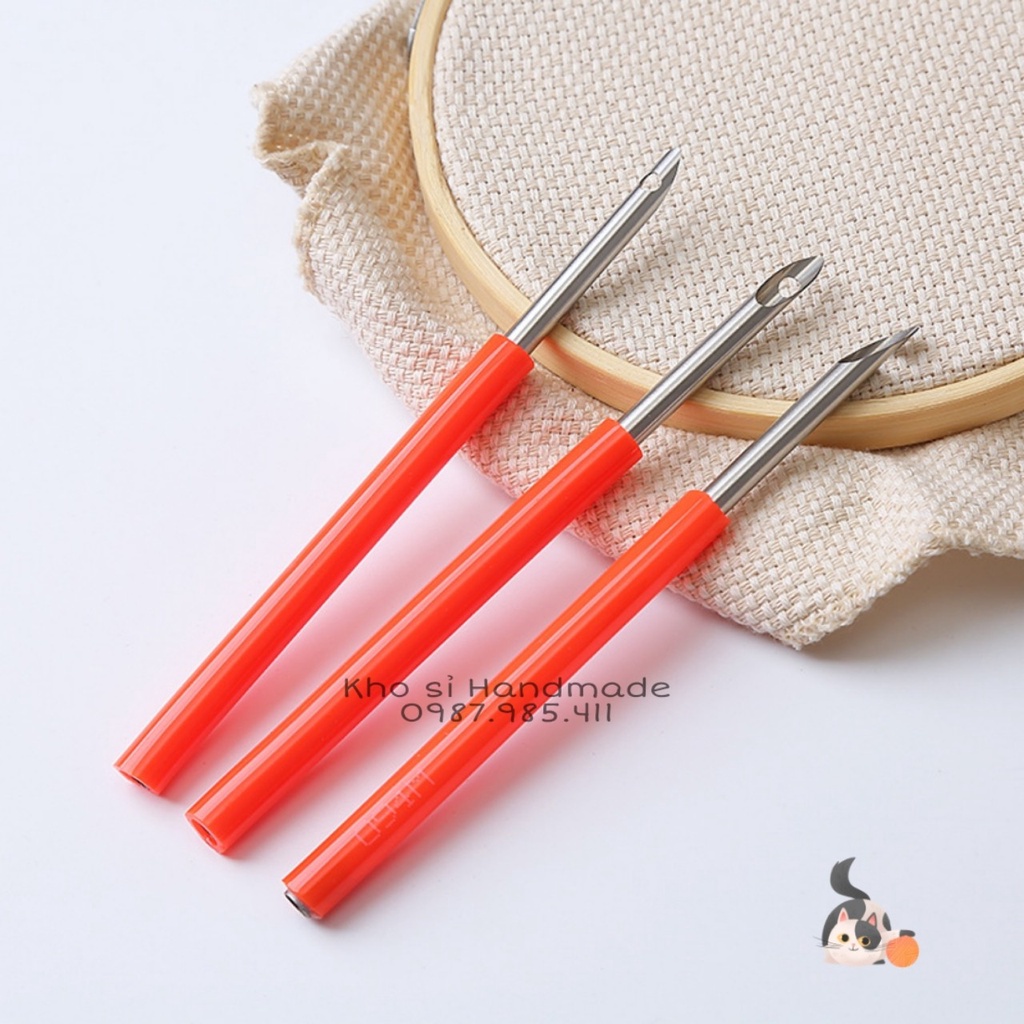 Bút gỗ thêu len xù, punch needle tools và bút đỏ đơn giản làm thêu nổi từ sợi len