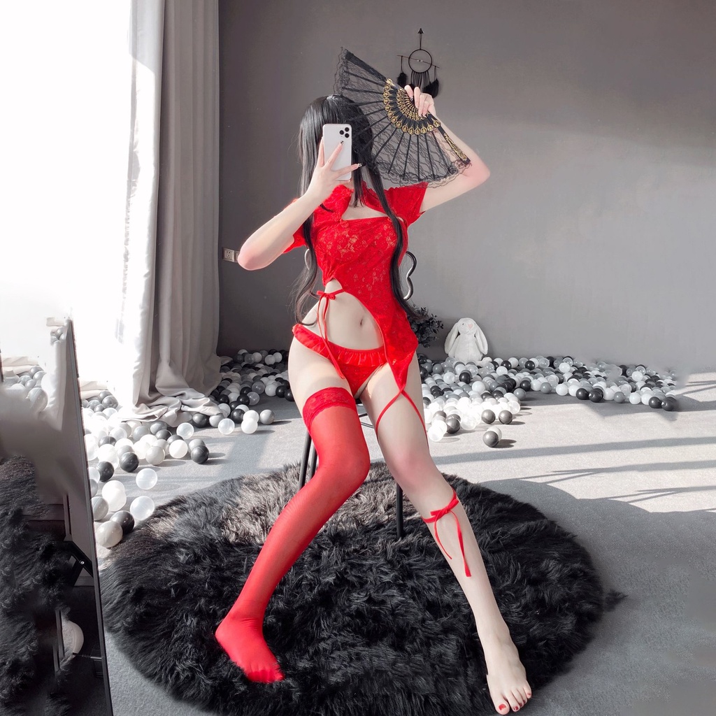 Đồ ngủ sexy QUENQUEN đồ ngủ nữ cosplay sexy sườn xám hoa văn màu trắng freesize a5