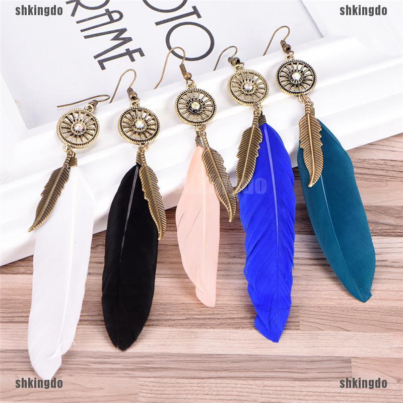 Cặp khuyên tai kiểu chấu móc mặt hình lông vũ tua rua cho nữ