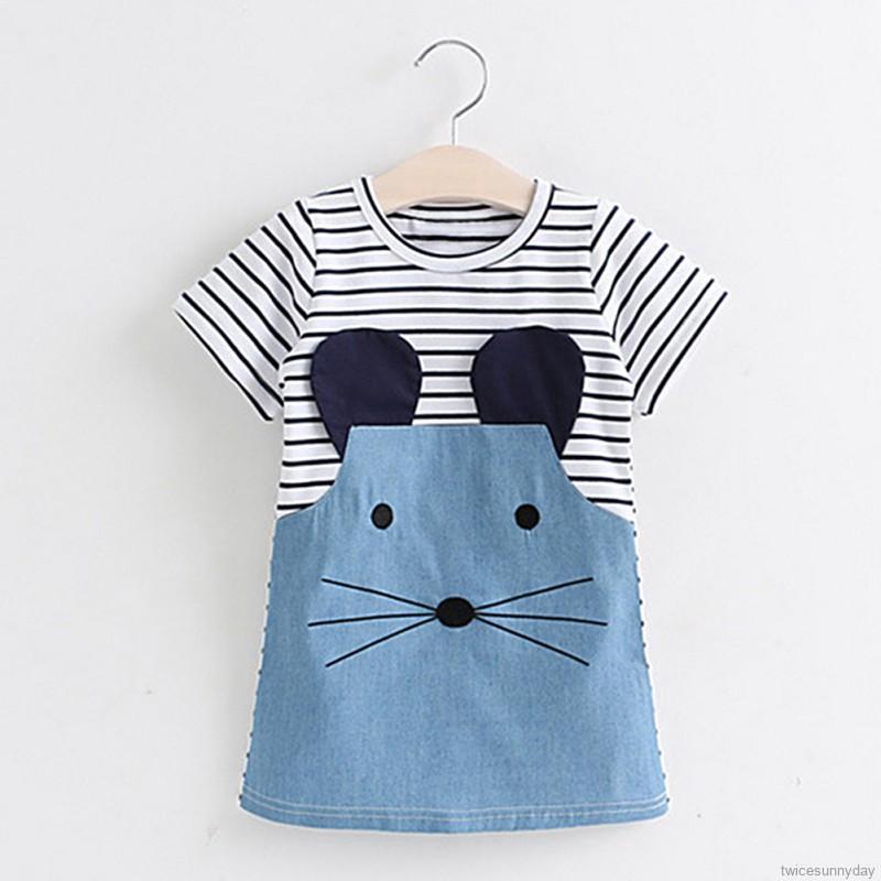 Đầm Denim Ngắn Tay In Hình Chuột Mickey Dễ Thương Cho Bé Gái