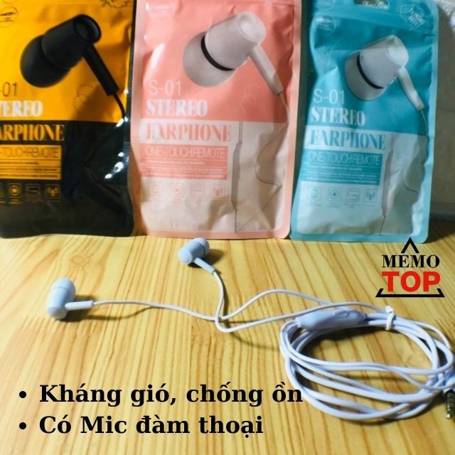 Tai nghe có dây nhét tai in ear chống ồn có mic S-01 jack 3.5 cho điện thoại samsung, sony, oppo