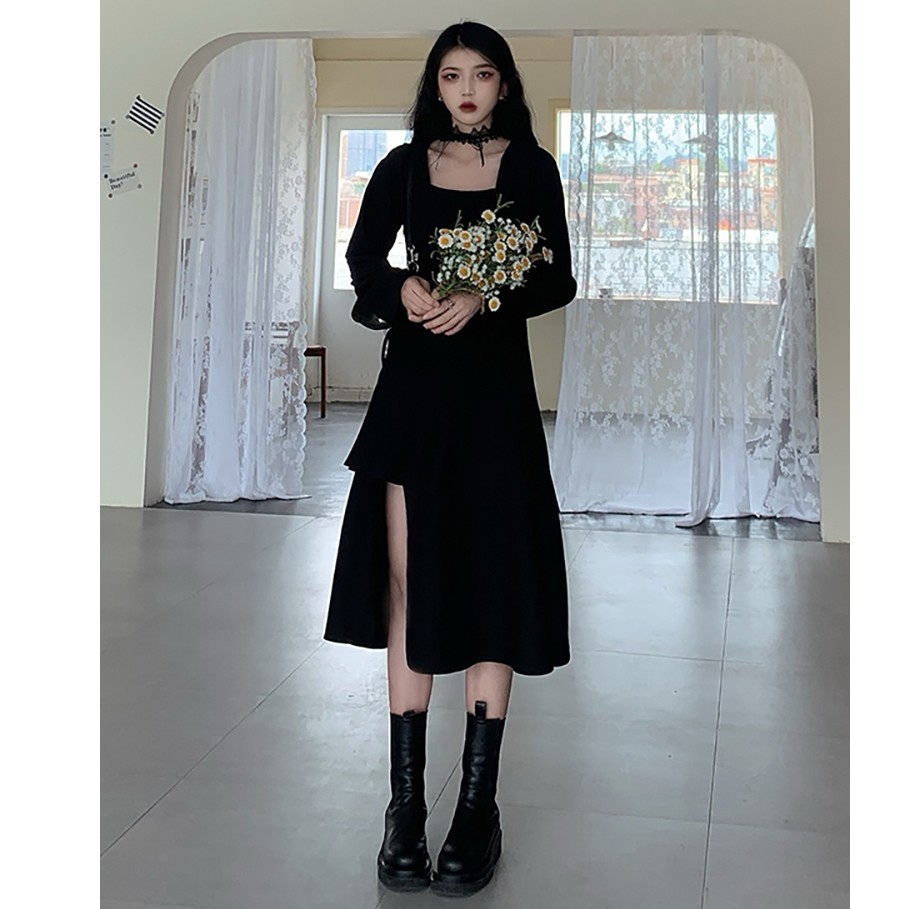 Đầm đen đan dây black gothic vạt lệch siêu cá tính style HQ