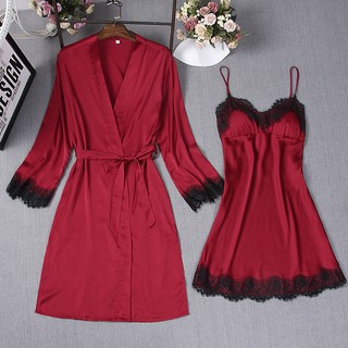 Áo choàng váy ngủ lụa cao cấp 💝mút lót ngực💝 đồ ngủ lụa sexy hai dây phối ren am255101