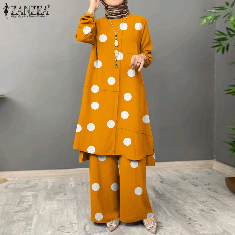 ZANZEA Bộ Áo Tay Phồng + Quần Ống Rộng Lưng Thun Họa Tiết Chấm Bi Dành Cho Nữ