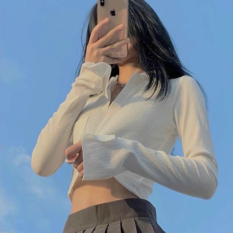 Áo ulzzang  Áo croptop polo cổ bẻ dài tay cá tính dành cho nữ có túi ngực PHULA style Hàn Quốc